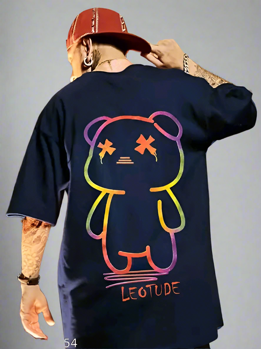 Leotude Printed Men Round Neck Navy Blue T-Shirt
